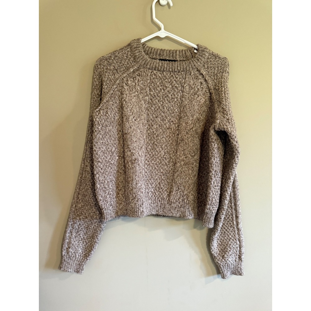 Lulus Women Tan Marled Chunky Knit Sweater Textured Crew Neck Pullover Small